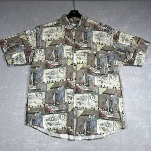 VTG Goouch Button Up Shirt Short Sleeve Men’s Large 100% Linen All Over Print